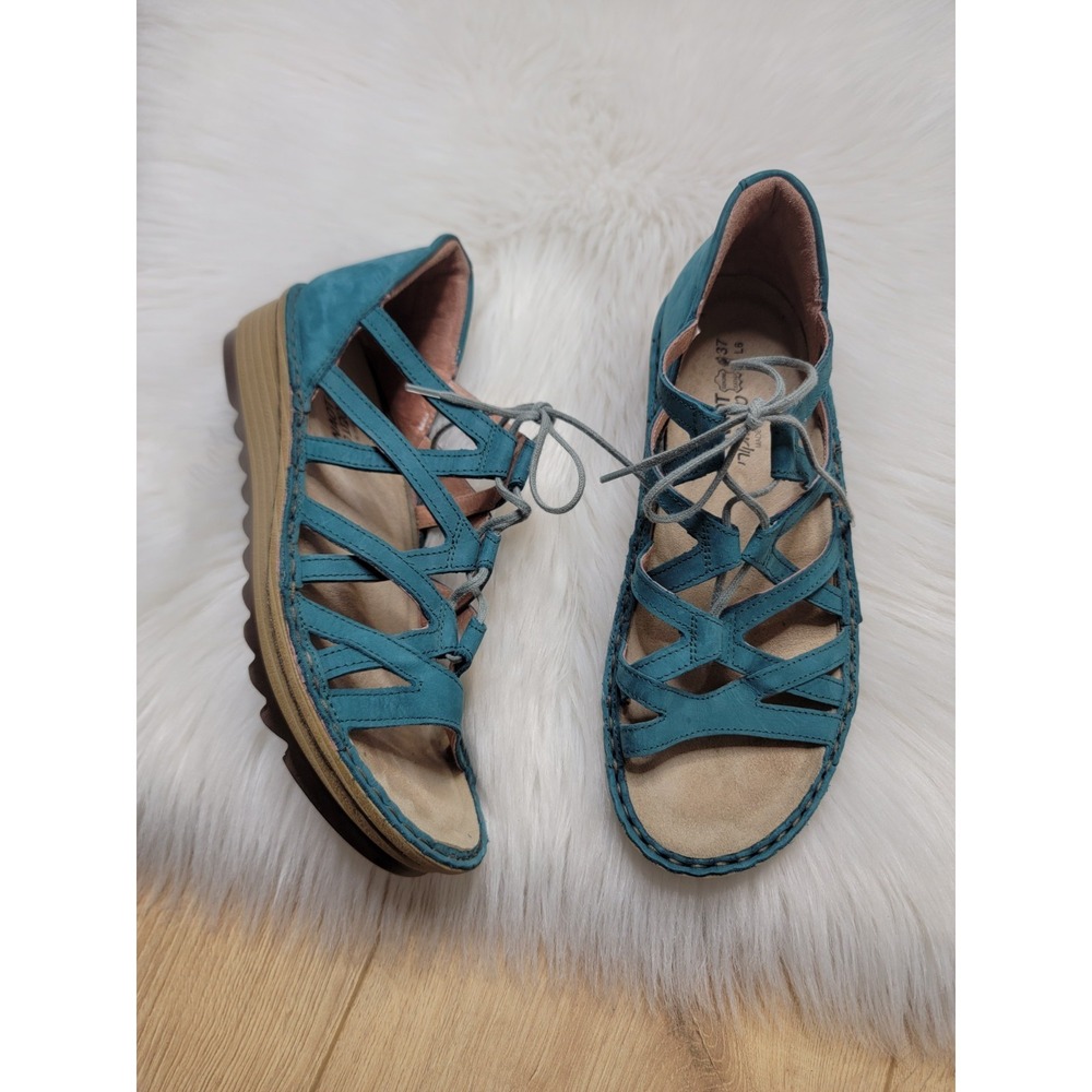 NAOT Yarrow Leather Lace Up Gladiator Sandals Wedge Teal Blue Size 37 US Size 6